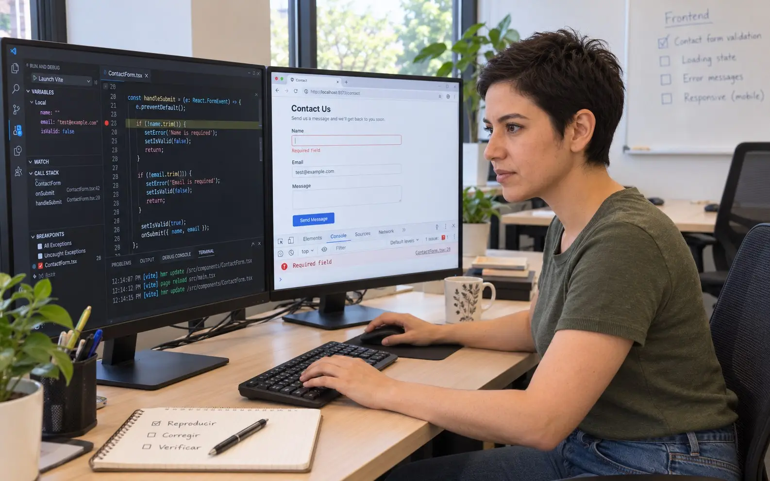 Una compañera corrige la validación de un formulario con el editor de código y el navegador abiertos
