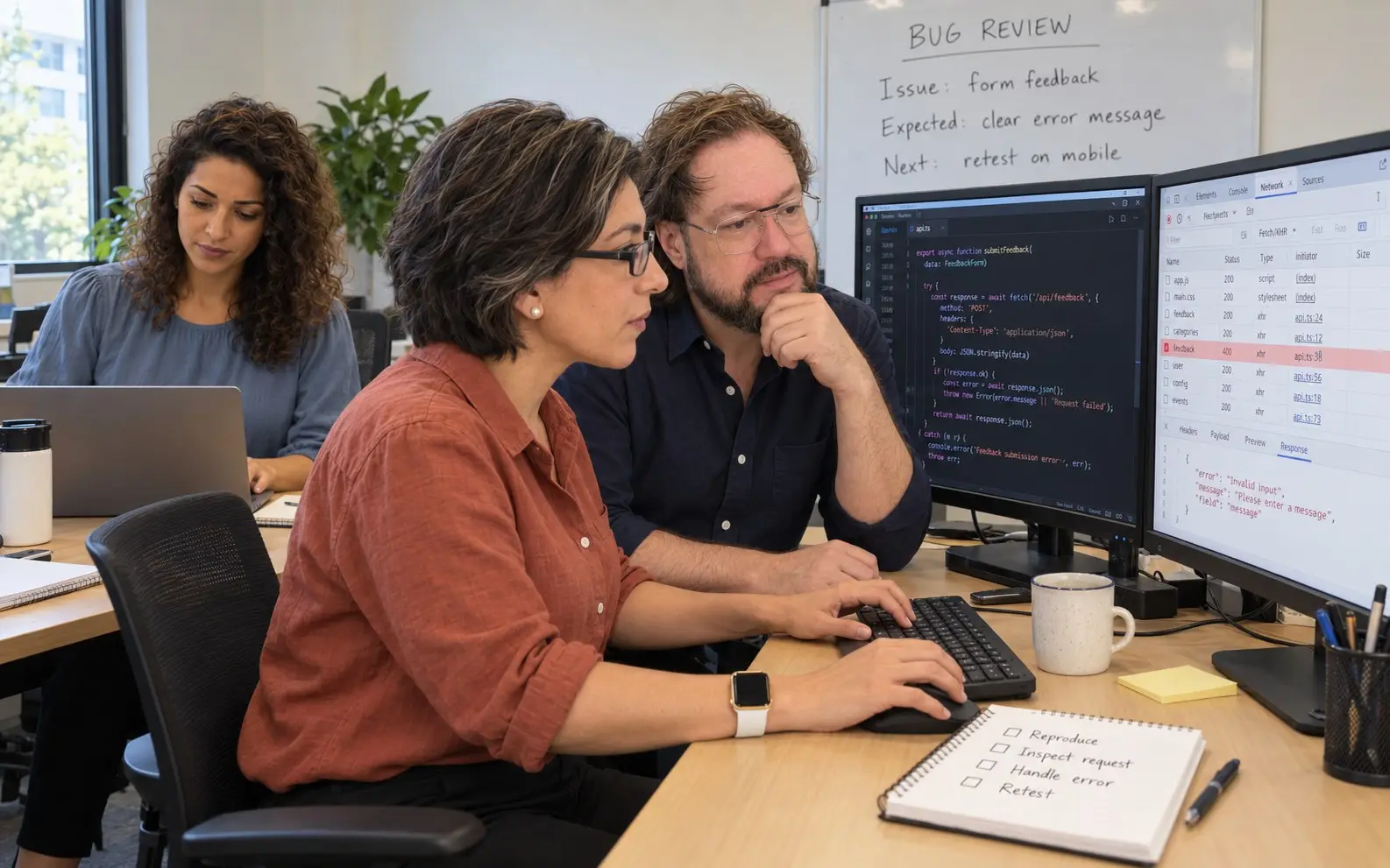 Jose y dos compañeras analizan un error de un formulario en la consola del navegador