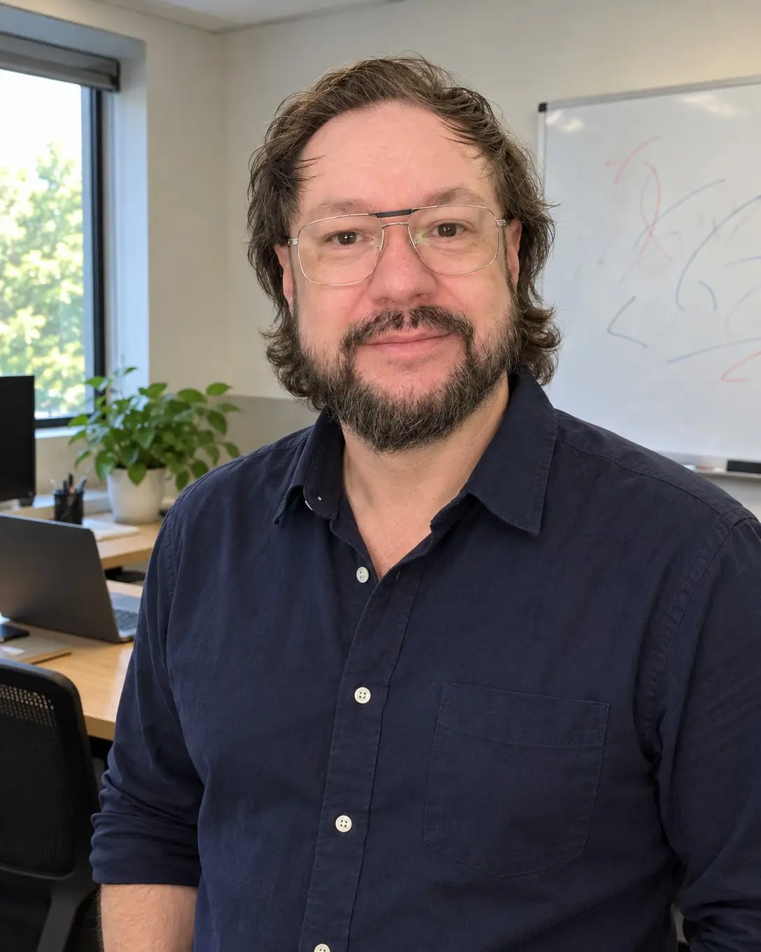 Jose, fundador de GAINIVO, de pie en la oficina con camisa azul oscuro y gafas