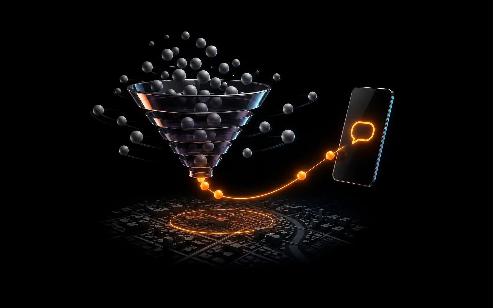 Embudo de vidrio que deja pasar solo unas pocas esferas naranjas hacia un teléfono con un mensaje, sobre el mapa de una zona