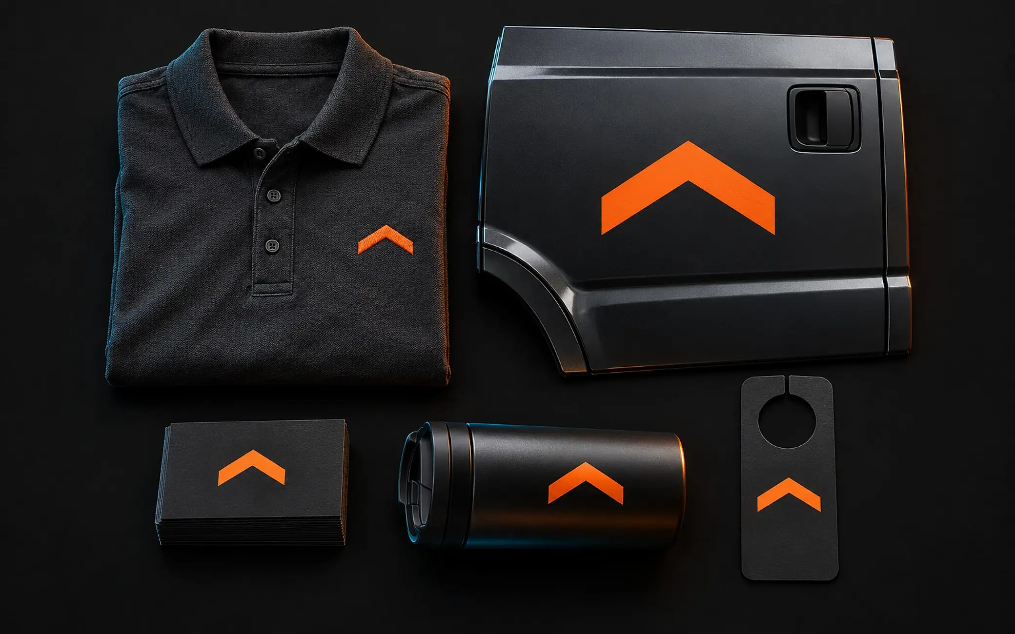 Polo, tarjetas, vaso, colgador de puerta y puerta de camioneta con el mismo emblema naranja