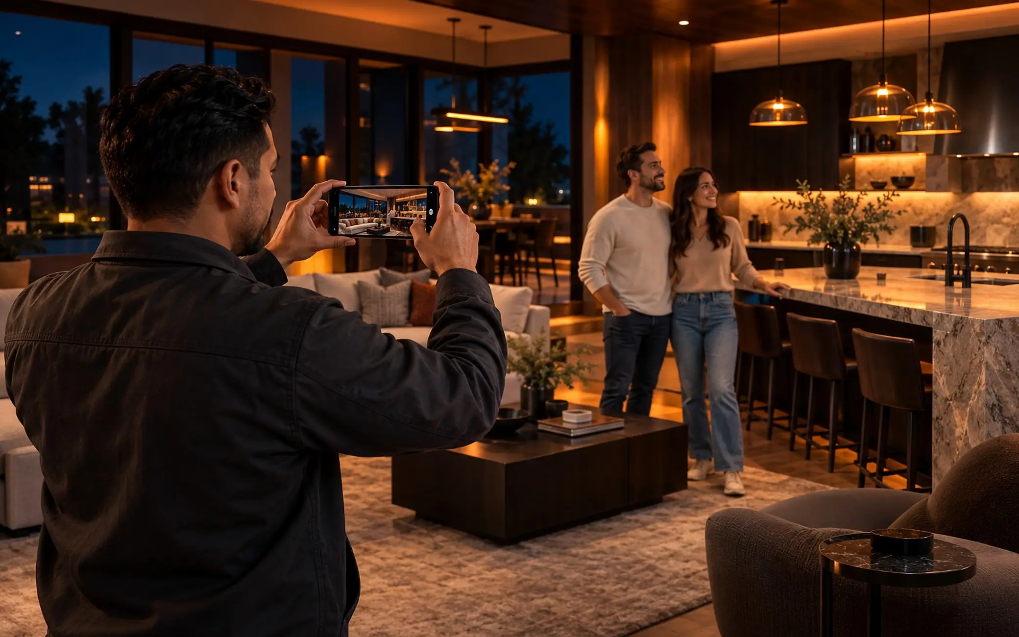 Contratista fotografiando con su teléfono una remodelación terminada mientras los dueños sonríen