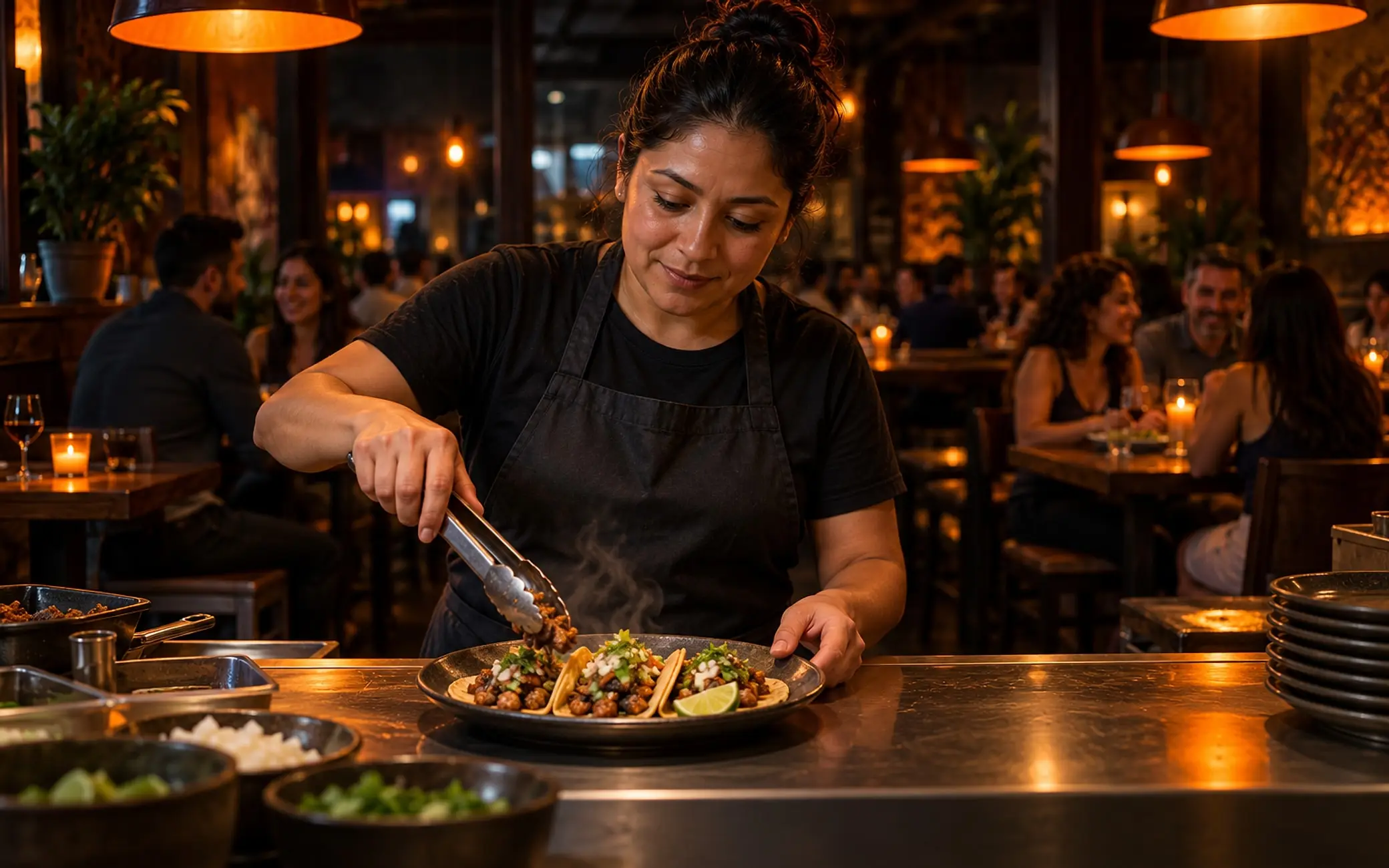 Cocinera emplatando tacos en la barra de un restaurante mexicano lleno y cálido