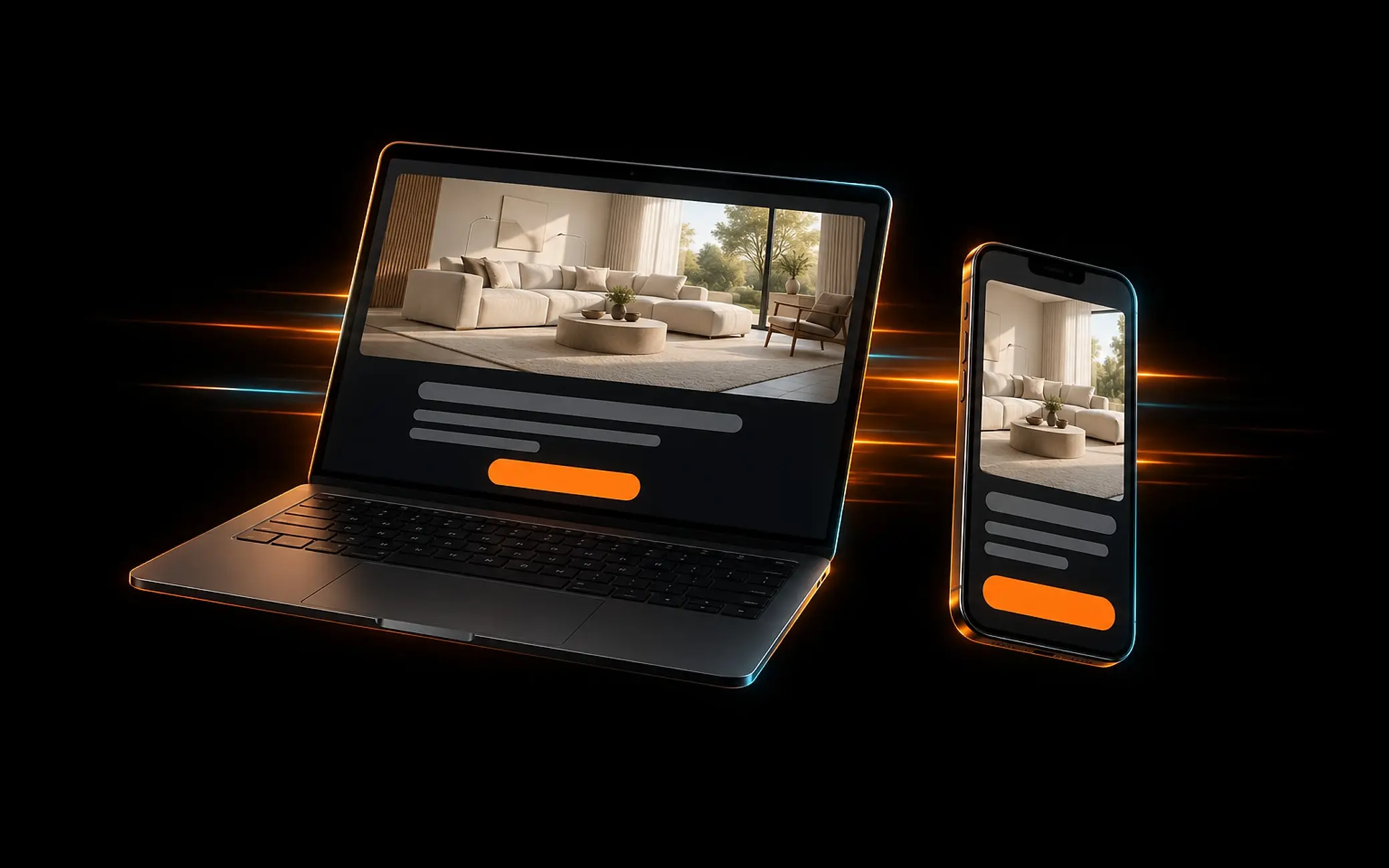 Portátil y teléfono mostrando la misma web oscura con una foto de sala y un botón naranja