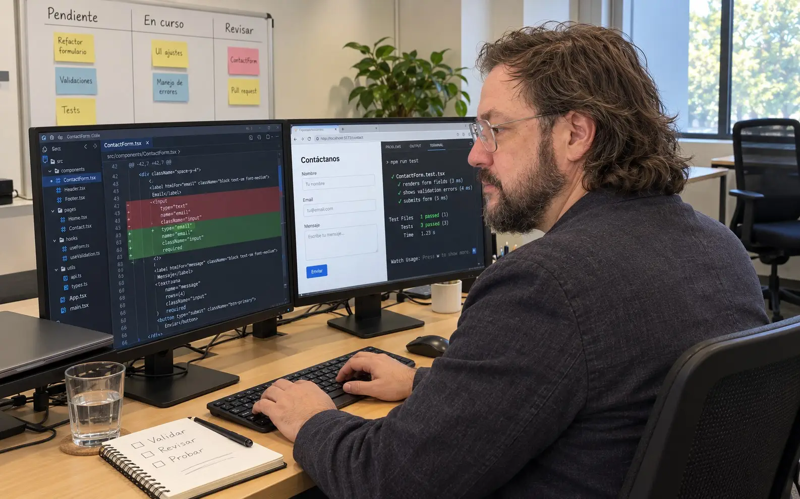 Jose revisa los cambios de un formulario y las pruebas automáticas en dos monitores