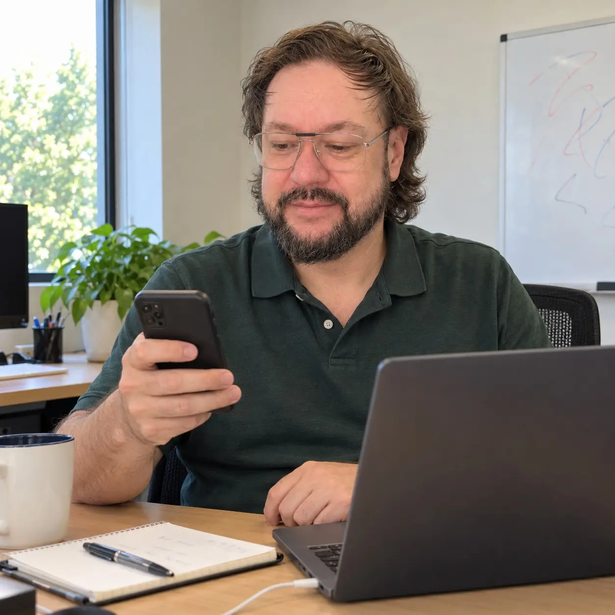 Jose en su escritorio leyendo un mensaje en el teléfono, con la laptop abierta