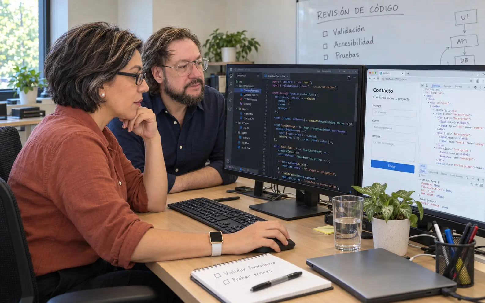 Una compañera y Jose revisan el código de un formulario de contacto en dos monitores