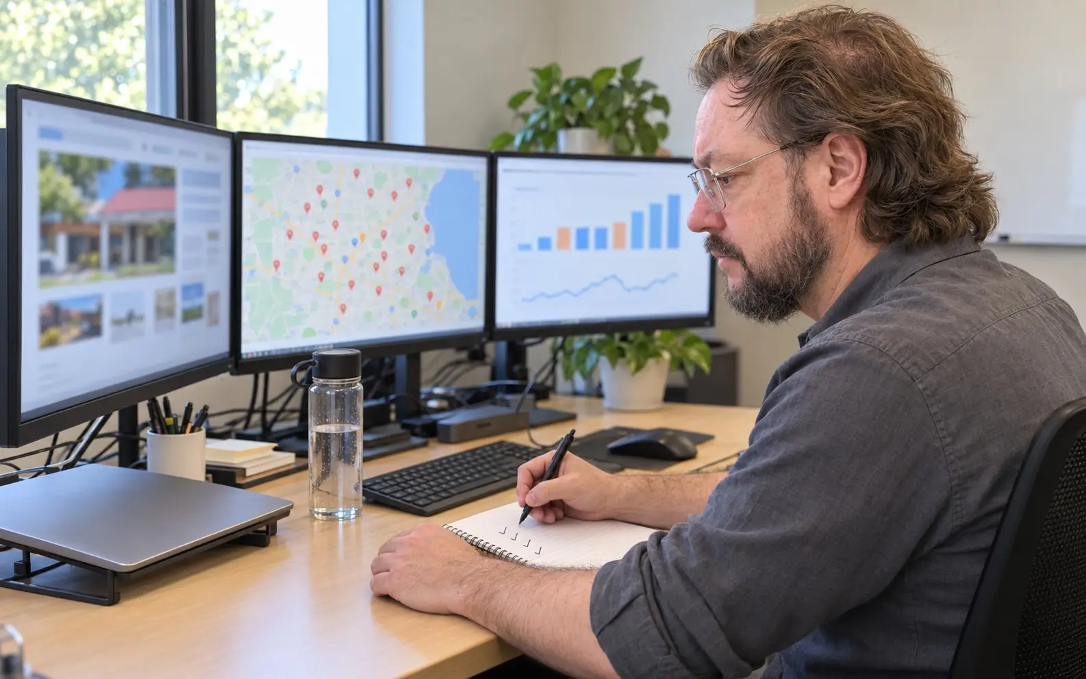 Jose tomando notas frente a tres monitores con una web, un mapa de Google y una gráfica