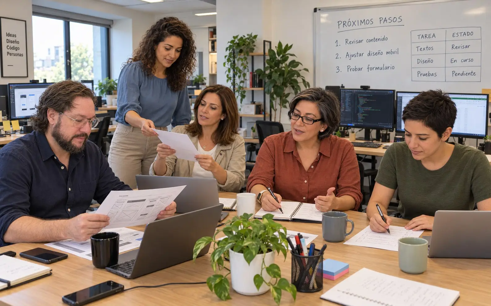Jose y el equipo reparten las tareas de una página web alrededor de una mesa